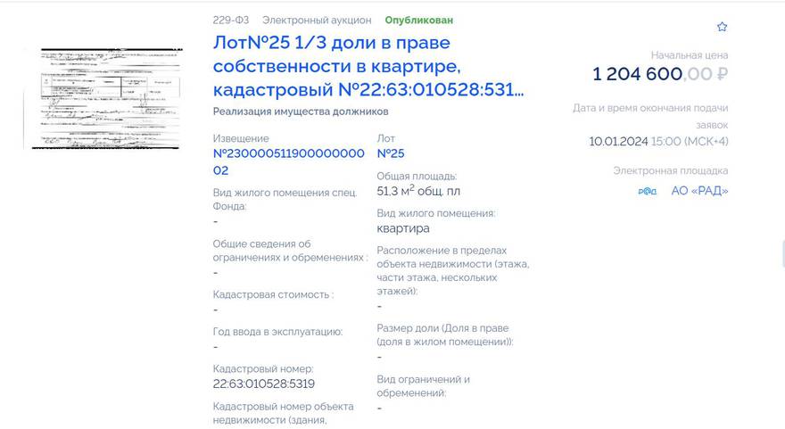 Пример лота на аукционе